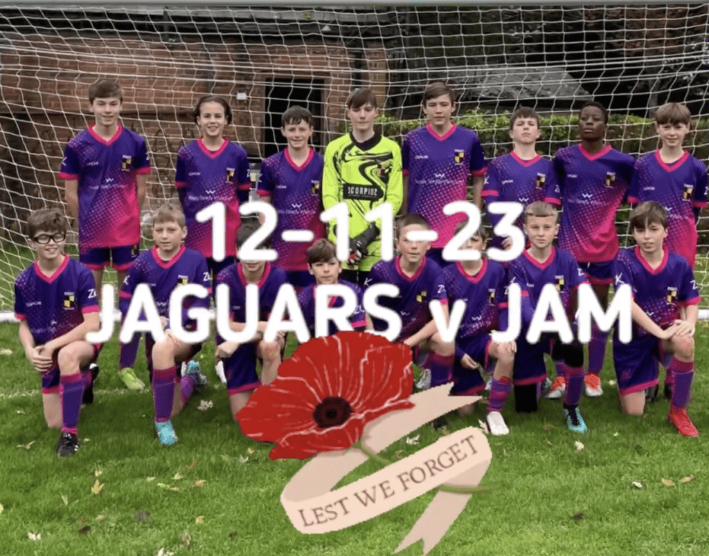 Jaguars team photo on Remembrance Sunday with "Lest we forget" and a poppy image
