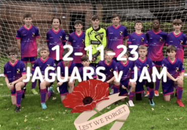 Jaguars team photo on Remembrance Sunday with "Lest we forget" and a poppy image